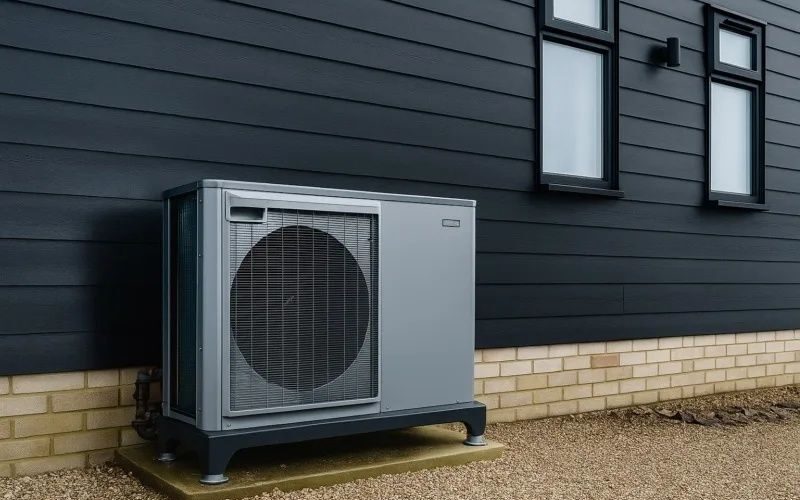 Outdoor heat pump unit beside a dark-clad house wall