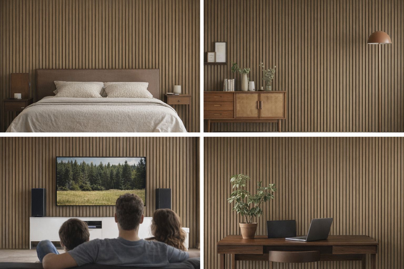 Four interior rooms featuring vertical wood slat acoustic panels on the walls.